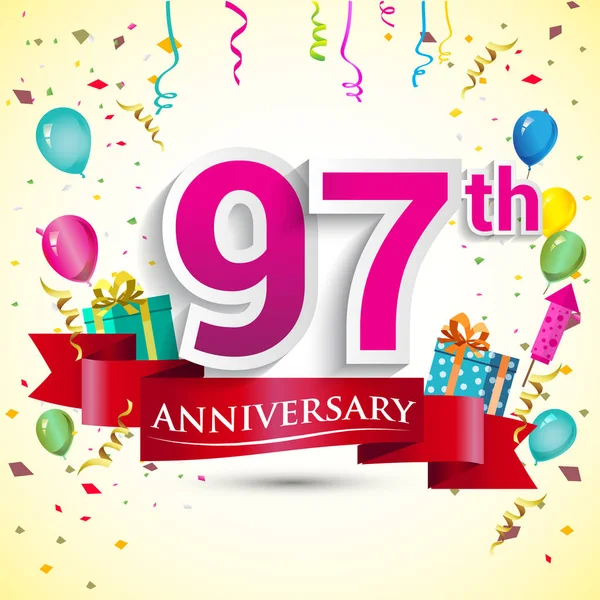 97Ste Verjaardag Viering Design Met Handige Geschenk Doos Ballonnen Rood — Stockvector