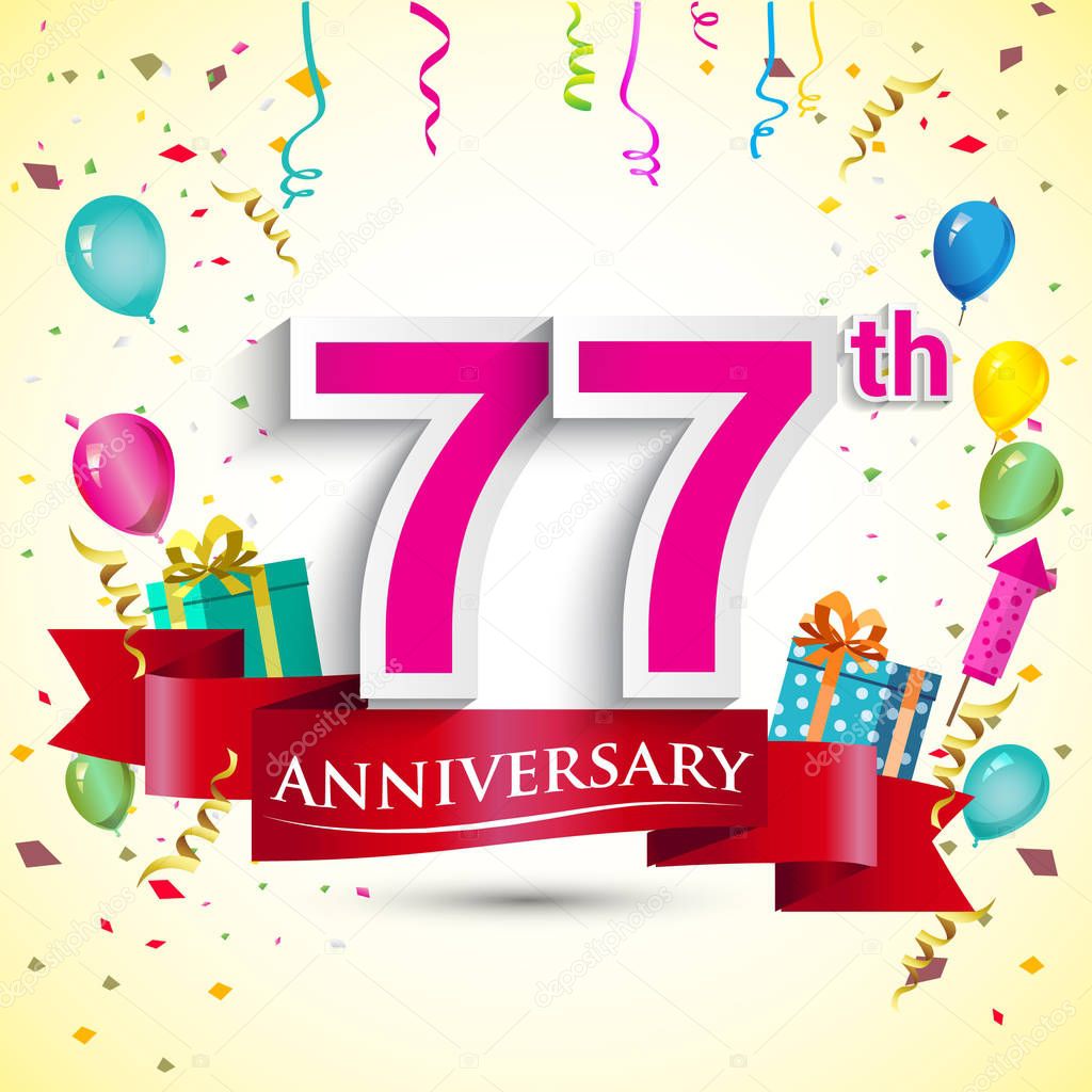 77th Anniversary Celebration Design, with gift box and balloons, red ribbon, Colorful Vector template elements for your birthday party