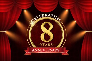 8 yıl yıldönümü kutlama kırmızı kurdele, kırmızı perde arka plan ve ışık parlaklık