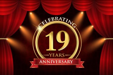 19 yıl yıldönümü kutlama kırmızı kurdele, kırmızı perde arka plan ve ışık parlaklık