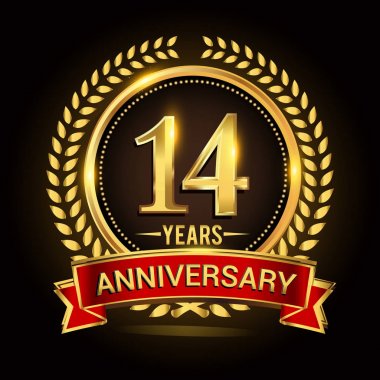 Çelenk, şerit ve altın yüzük logosu ile 14 yaşındaki yıldönümünü kutluyor