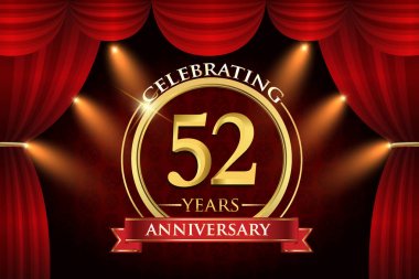 52 yıl yıldönümü kutlama kırmızı kurdele, kırmızı perde arka plan ve ışık parlaklık