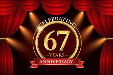 67 yıl yıldönümü kutlama kırmızı kurdele, kırmızı perde arka plan ve ışık parlaklık