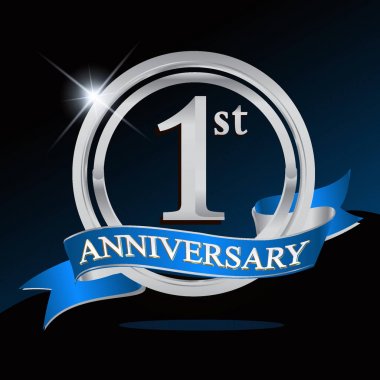 1 yıl yıldönümü logolu gümüş yüzük ve mavi kurdele, vektör tasarımı