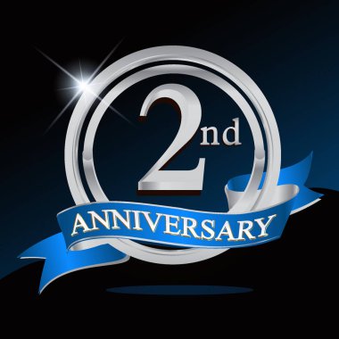 2 yıl yıldönümü logolu gümüş yüzük ve mavi kurdele, vektör tasarımı