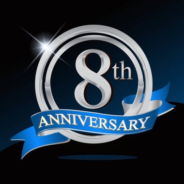 8 yıl yıldönümü logolu gümüş yüzük ve mavi kurdele, vektör tasarımı