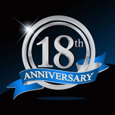 18 yıl yıldönümü logolu gümüş yüzük ve mavi kurdele, vektör tasarımı