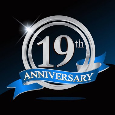 19 yıl yıldönümü logolu gümüş yüzük ve mavi kurdele, vektör tasarımı