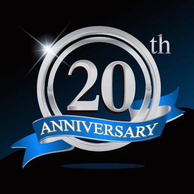 20 yıl yıldönümü logolu gümüş yüzük ve mavi kurdele, vektör tasarımı