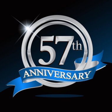 57 yıl yıldönümü logolu gümüş yüzük ve mavi kurdele, vektör tasarımı