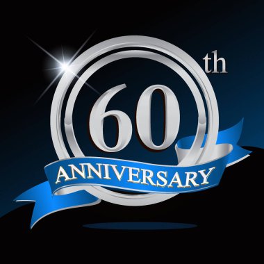 60 yıl yıldönümü logolu gümüş yüzük ve mavi kurdele, vektör tasarımı