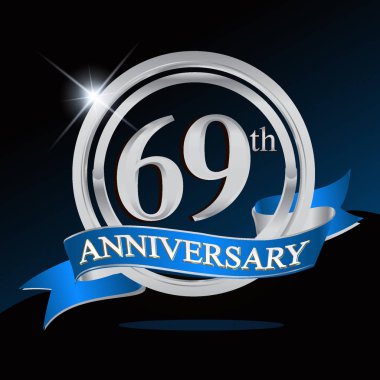 69 yıl yıldönümü logolu gümüş yüzük ve mavi kurdele, vektör tasarımı