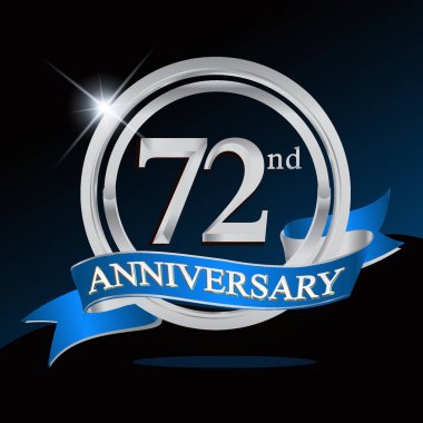 72 yıl yıldönümü logolu gümüş yüzük ve mavi kurdele, vektör tasarımı