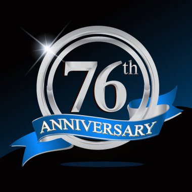 76 yıl yıldönümü logolu gümüş yüzük ve mavi kurdele, vektör tasarımı