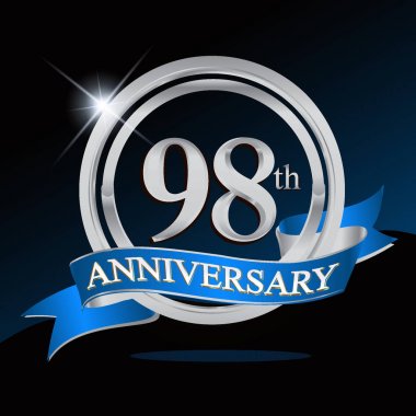 98 yıl yıldönümü logolu gümüş yüzük ve mavi kurdele, vektör tasarımı