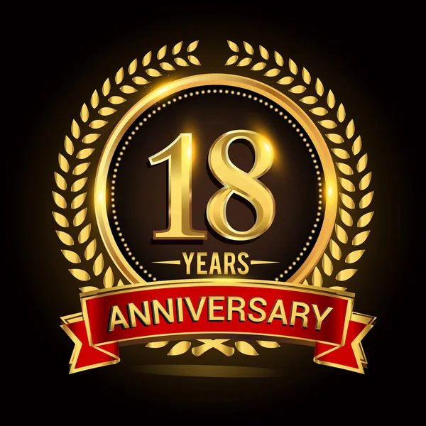 Vieren Jaar Verjaardag Met Krans Lint Gouden Ring Logo — Stockvector