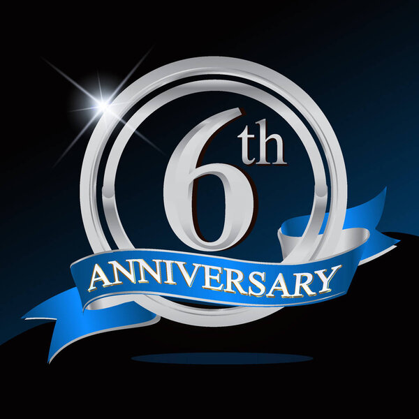 6 years anniversary logo with silver ring and blue ribbon, Vector design