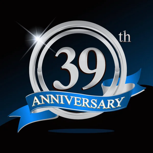 Anos Logotipo Aniversário Com Anel Prata Fita Azul Design Vector — Vetor de Stock