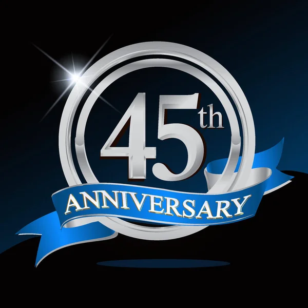 Logo Anniversario Anni Con Anello Argento Nastro Blu Design Vettoriale — Vettoriale Stock