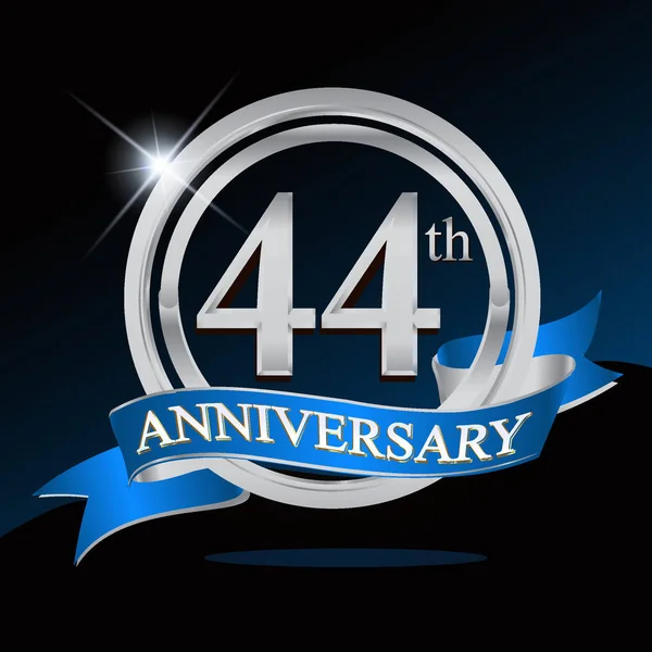 Años Logotipo Aniversario Con Anillo Plata Cinta Azul Diseño Vectorial — Vector de stock