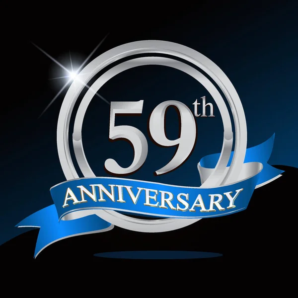 Logotipo Aniversário Anos Com Anel Prata Fita Azul Design Vetor —  Vetores de Stock
