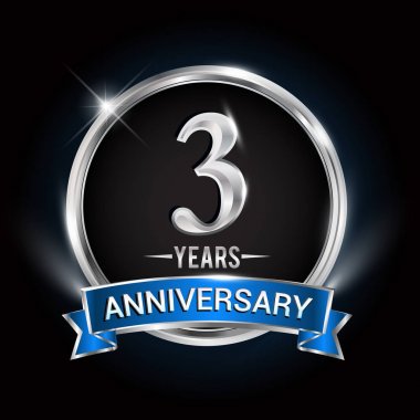 3 yıl yıldönümü logolu gümüş yüzük ve mavi kurdele, vektör tasarımı