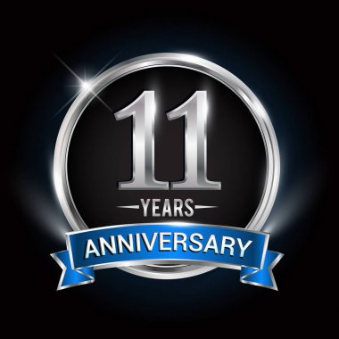 11 yıl yıldönümü logolu gümüş yüzük ve mavi kurdele, vektör tasarımı