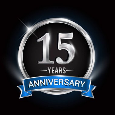 15 yıl yıldönümü logolu gümüş yüzük ve mavi kurdele, vektör tasarımı