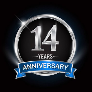 14 yıl yıldönümü logolu gümüş yüzük ve mavi kurdele, vektör tasarımı