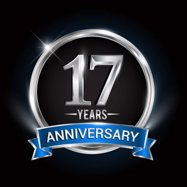 17 yıl yıldönümü logolu gümüş yüzük ve mavi kurdele, vektör tasarımı