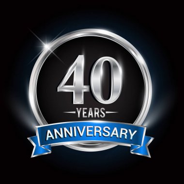 40 yıl yıldönümü logolu gümüş yüzük ve mavi kurdele, vektör tasarımı