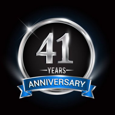 41 yıl yıldönümü logolu gümüş yüzük ve mavi kurdele, vektör tasarımı