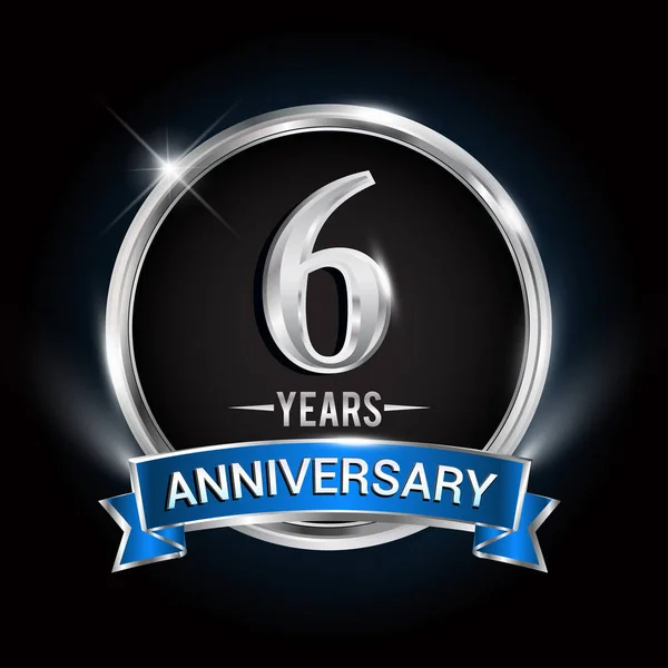 Logotipo Aniversário Anos Com Anel Prata Fita Azul Projeto Vetor —  Vetores de Stock