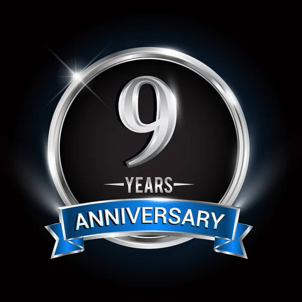 Years Anniversary Logo Silver Ring Blue Ribbon Vector Design — Stock Vector