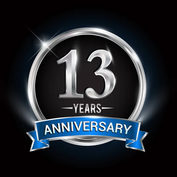 13周年纪念标志用银色圆环和蓝色丝带 载体设计 — 图库矢量图片