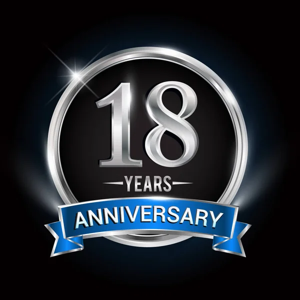 Anos Logotipo Aniversário Com Anel Prata Fita Azul Projeto Vetor —  Vetores de Stock