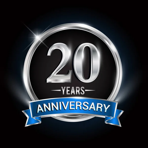 Anos Logotipo Aniversário Com Anel Prata Fita Azul Projeto Vetor —  Vetores de Stock
