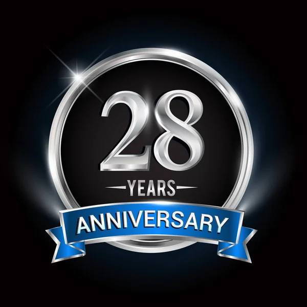 Lat Urodzinowego Logo Srebrny Pierścionek Niebieskiej Wstążki Projekt Wektor — Wektor stockowy