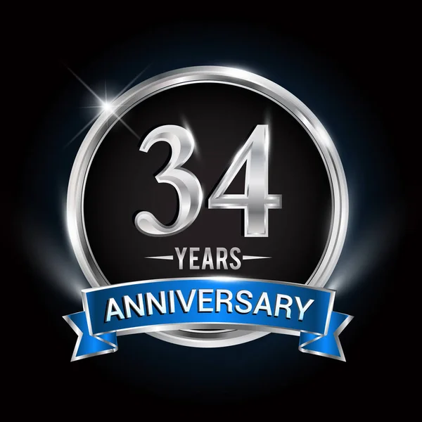 Ans Logo Anniversaire Avec Bague Argent Ruban Bleu Design Vectoriel — Image vectorielle