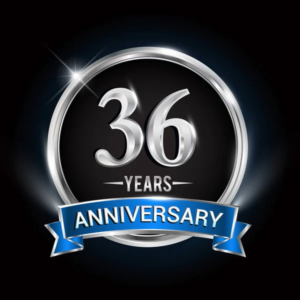 シルバー リングとブルーのリボン ベクター デザイン 年周年記念ロゴ — ストックベクタ