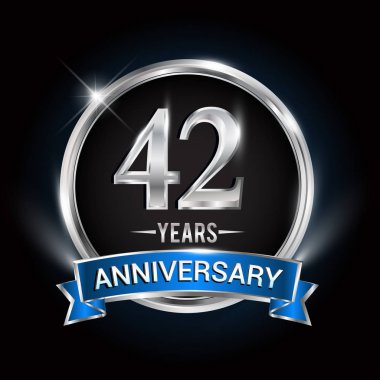 42 yıl yıldönümü logolu gümüş yüzük ve mavi kurdele, vektör tasarımı