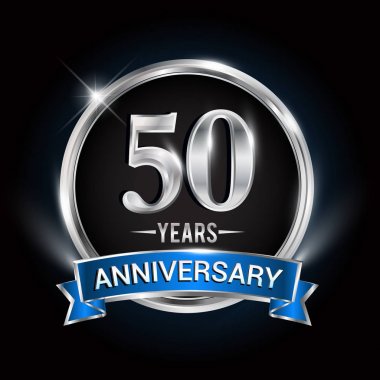 50 yıl yıldönümü logolu gümüş yüzük ve mavi kurdele, vektör tasarımı