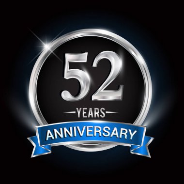 52 yıl yıldönümü logolu gümüş yüzük ve mavi kurdele, vektör tasarımı