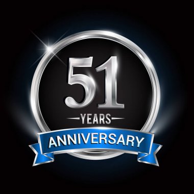 51 yıl yıldönümü logolu gümüş yüzük ve mavi kurdele, vektör tasarımı