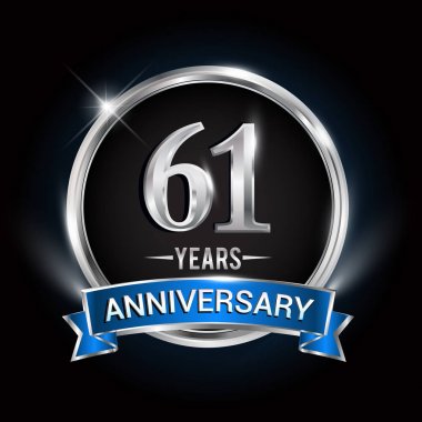 61 yıl yıldönümü logolu gümüş yüzük ve mavi kurdele, vektör tasarımı