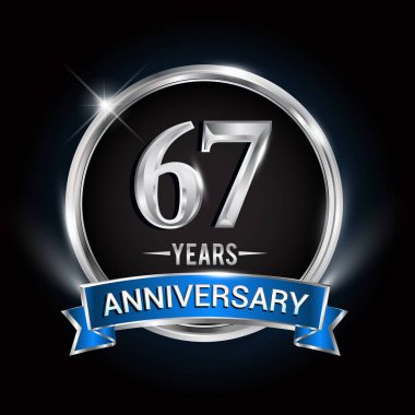 67 yıl yıldönümü logolu gümüş yüzük ve mavi kurdele, vektör tasarımı
