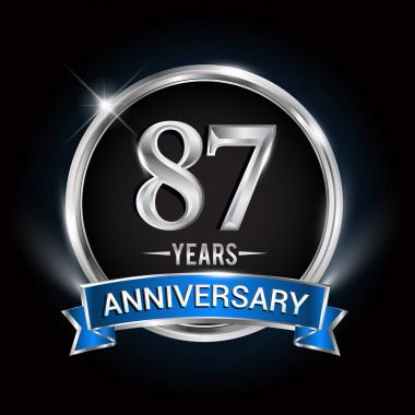 87 yıl yıldönümü logolu gümüş yüzük ve mavi kurdele, vektör tasarımı