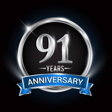 91 yıl yıldönümü logolu gümüş yüzük ve mavi kurdele, vektör tasarımı