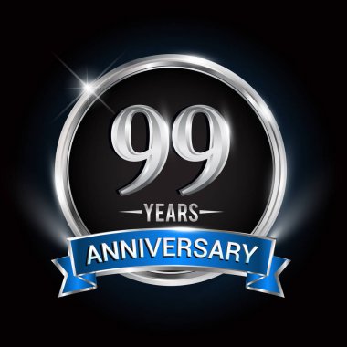 99 yıl yıldönümü logolu gümüş yüzük ve mavi kurdele, vektör tasarımı