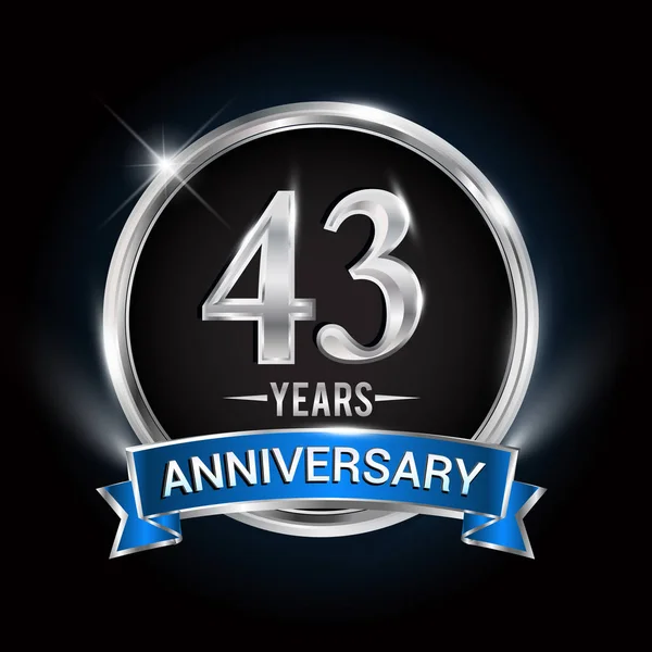 Anos Logotipo Aniversário Com Anel Prata Fita Azul Design Vector —  Vetores de Stock